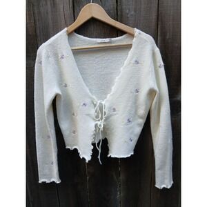 LUSH Cropped Romantic Floral Embroidered Cream Front Tie Cardigan S‎